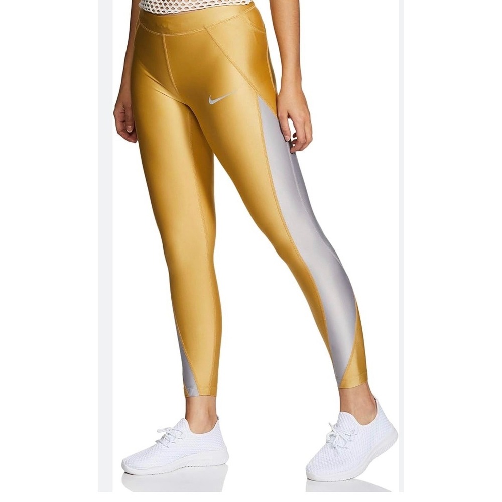 Nike Leggins Women's XS Dri-FIT Speed Metallic Running 7/8 Gold Silver Athletic